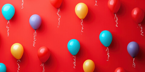 Vibrant Multicolored Balloons Floating on Bright Red Background, Top View 3D Rendering for Stock Photo Market