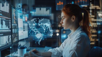Computer hologram hud, chart, or woman examine finance, stock market database, or futuristic night overlay. Forex ui investment, online data analysis or African trader trading NFT or bitcoin crypto
