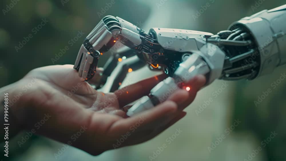 Aufkleber human hand and robotic arm touching, symbolizing the integration of smart contracts and automation i
