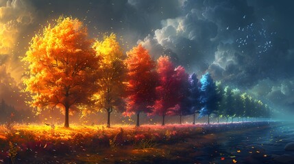 Obraz na płótnie Canvas the breathtaking beauty of a fantastical landscape adorned with a row of majestic trees, each bursting with vibrant colors reminiscent of the autumnal rainbow