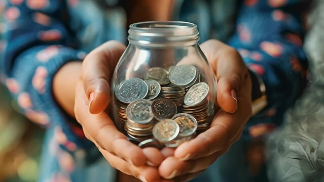 A person is holding a jar full of coins. The jar is filled with a variety of coins, including pennies, nickels, dimes, and quarters