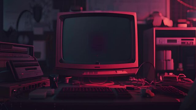 A computer monitor displays a bug on the screen. The image has a dark, moody atmosphere, with a red and blue color scheme. The bug is large and takes up most of the screen, with its legs spread out