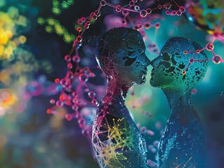 Capture the essence of nano-love with a high-angle peek at a couple engrossed in a molecular embrace Let the unexpected camera angles reveal the intricate dance of technology and t - obrazy, fototapety, plakaty