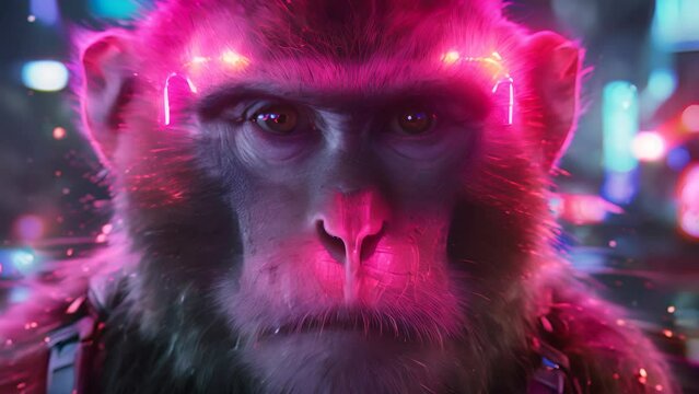 A monkey with pink fur and glowing eyes. The monkey is wearing a backpack and has a pink tongue. The image is a neon, futuristic, and colorful scene