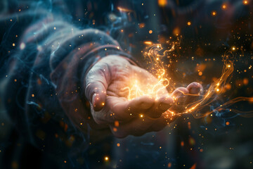 A close-up shot of a wizard’s hand casting a spell, with sparkling lights and mystical energy emanating from their fingertips.