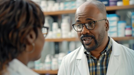 Fototapeta premium Lens cleaning, vision aid, and pharmacist aiding a pharmacy customer. Eyewear cleaner and wellness and retail store employee in a clinic with a frame