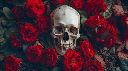 Skulls nestled among red roses symbolize love and death.
