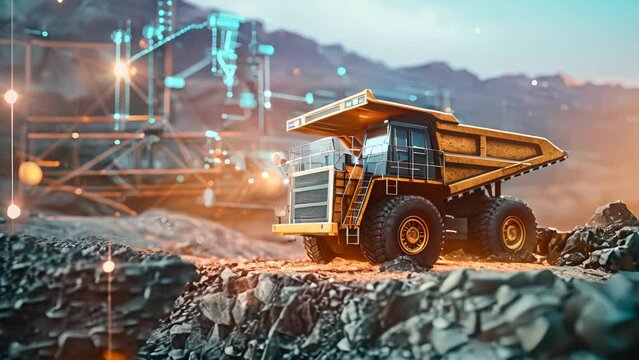 A yellow dump truck is driving on a rocky road. The truck is surrounded by a network of wires and lights, giving the scene a futuristic and industrial feel