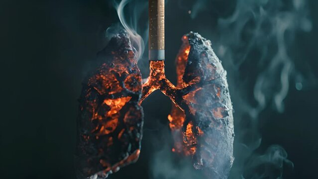 A burnt out lung with a cigarette in it. Concept of the harmful effects of smoking and the damage it can cause to the body. Scene is somber and serious