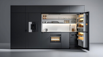 minimalist kitchen with integrated appliances, featuring a black oven, white floor, and white and g