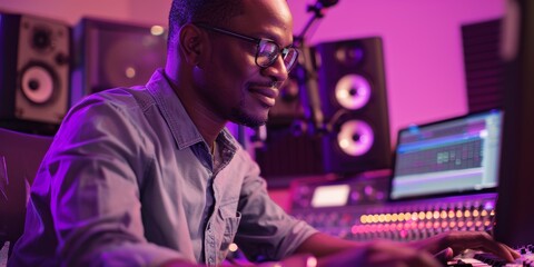 Black man, nighttime studio recording and music job with headphones, computer, or mixing console. Professional radio hit song production by sound engineer, producer, or audio technology