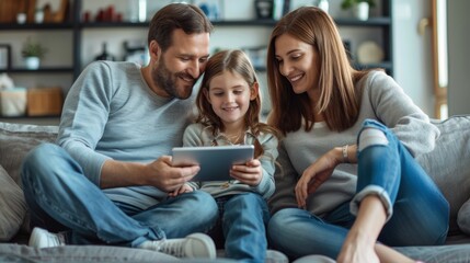 Happy family, daughter, or parents with tablet for elearning, info, or home educational remote learning. Child development, parent reading ebook or social media news with child