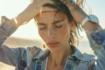 In healthcare wellness meditation, thinking woman, stress face or anxiety by beach, ocean, or sea nature. Person experiencing depression, burnout, or headache