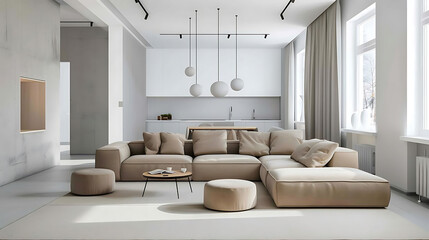 minimalist living room with l - shaped sofas, white pillows, and a small wood table the room featur