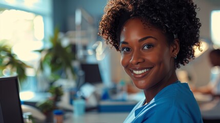 Computer, nurse and black woman typing in hospital for healthcare reports or telehealth. Healthy, joyful female doctor with desktop for writing, research, or online consultation