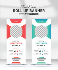 clean corporate business rollup banner design template with abstract colorful shapes