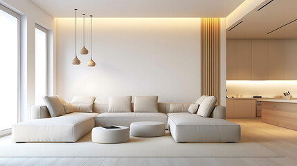 minimalist living room with l - shaped sofas, white chairs, and a white ottoman on a wood and white