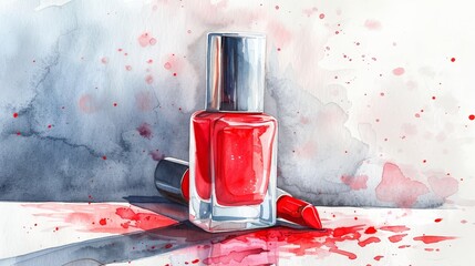Watercolor illustration of red nail polish bottle