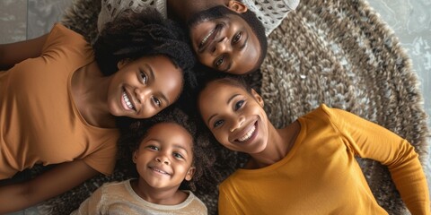 Top view, family, portrait smiling when bonding or having fun at home. Parents are happy and children are relaxing on carpets with man and woman, caring or spending time.