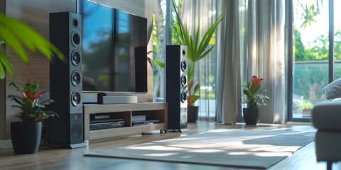 Elegant Home Audio Setup with Sleek Speakers and Lush Greenery