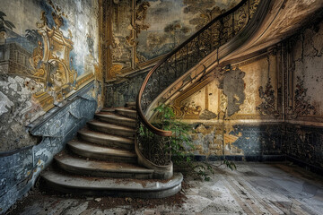 Naklejka premium A staircase with a secret passage concealed behind a tapestry