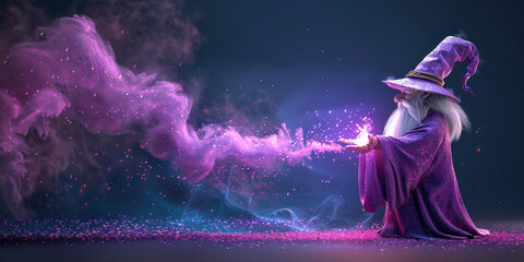 Mysterious wizard casting spell with magic wand in front of swirling purple smoke cloud