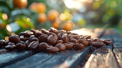 close up of coffee beans on a bench
