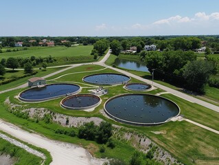 A view of a pond with four water tanks in the foreground. The tanks are surrounded by grass and trees