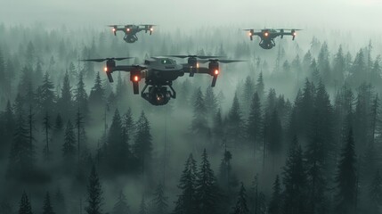 drones shot in a foggy forest
