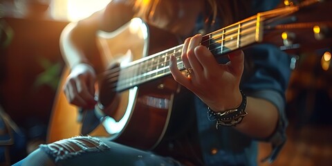 Obraz premium Independent Musician Performing Acoustic Guitar on City Street at Night