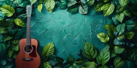 Eco Friendly Music Merchandise for Bands and Movies with Acoustic Guitar Surrounded by Green Leaves and Nature Backdrop