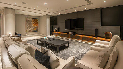 modern entertainment room with clean lines and neutral palette featuring white chairs, a black tele - obrazy, fototapety, plakaty