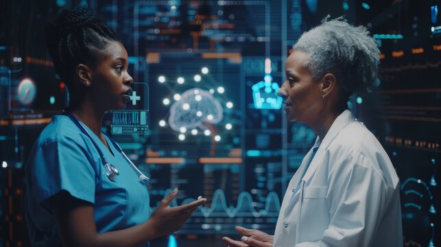 Hospital night collaboration, surgical planning, and wellness research involve doctors conversing or futuristic teamwork. Medical, big data, or futuristic abstract graphic for women