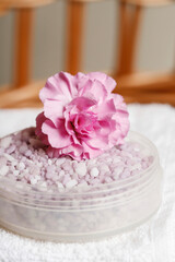 Obraz na płótnie Canvas Bowl with violet sea salt and pink carnations.