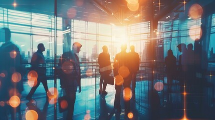 Professionals network in a high-tech office environment, silhouetted against the luminous backdrop of a city at dusk - obrazy, fototapety, plakaty