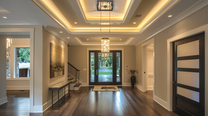Fototapeta na wymiar Enchanting foyer shines with lit tray ceiling and modern pendant light.
