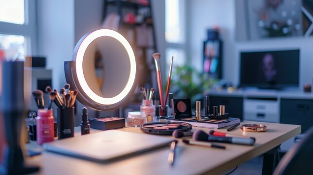 Phone streaming, makeup, or social media beauty tutorial with blog, laptop, or cosmetic palette for influencer, blogger, or content creation Eyeshadow, facial product