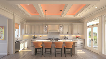 Front and broad view of the delicate peach tray ceiling adding a pop to the contemporary island in the second-floor kitchen.