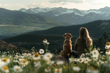 A Woman and Her Dog Admire the Majestic Mountains Amidst a Meadow of Wildflowers