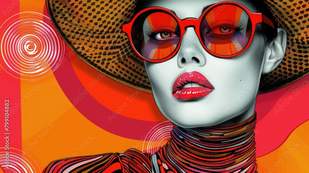 Wall mural A woman wearing a red hat and sunglasses, with red lips and a colorful background.