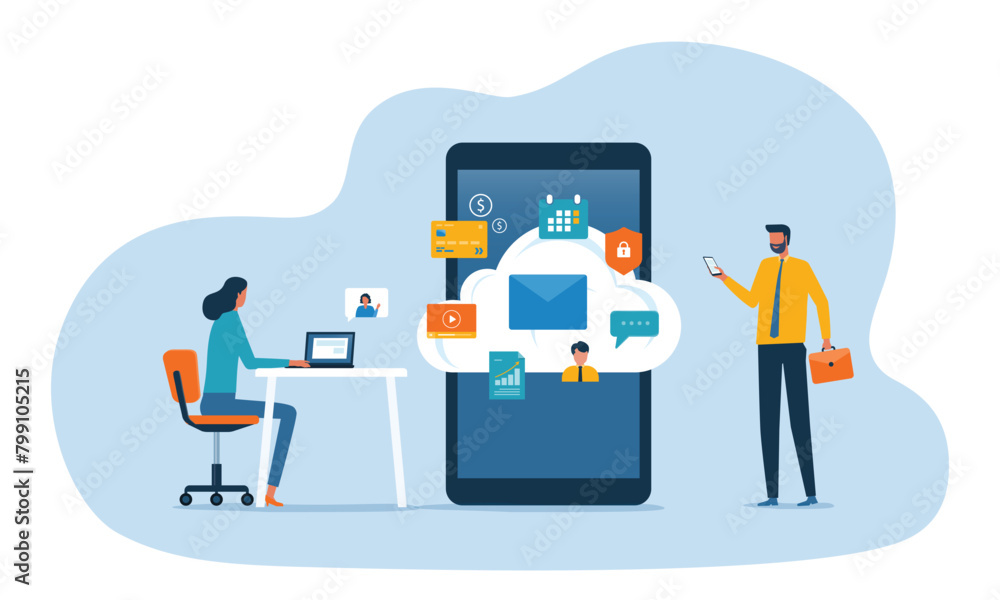Leinwandbilder flat vector business smart working online connect to technology cloud computing service concept
