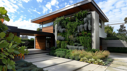 modern front yard with vertical plant decorations featuring a green tree, white building, and brown