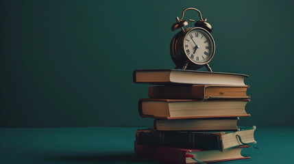 A clock sits on top of a stack of books. The clock is set to the time of 