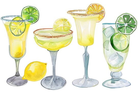 Watercolor cocktail clipart set, colorful margarita glasses and tequila bottle