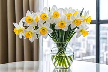 bouquet of yellow daffodils in a vase - obrazy, fototapety, plakaty