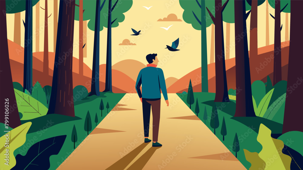 Poster a man wanders along a path surrounded by towering trees their rustling leaves and chirping birds pro