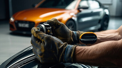 Set of car polish wax worker hands holing polishing tools isolated on white background. Buffing and polishing car concept. Man holds a polisher in the hand and polishes.