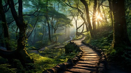  A serene forest path with sunlight filtering through the trees.