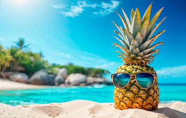 A pinapple wearing sunglasses against beach backdrop with clear blue water. Concept for summer and vacation time in the beach.