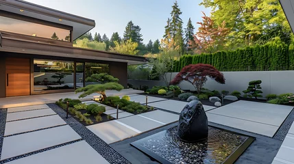 Fotobehang modern front yard with zen garden featuring a black statue, green tree, and clear blue sky, framed © YOGI C